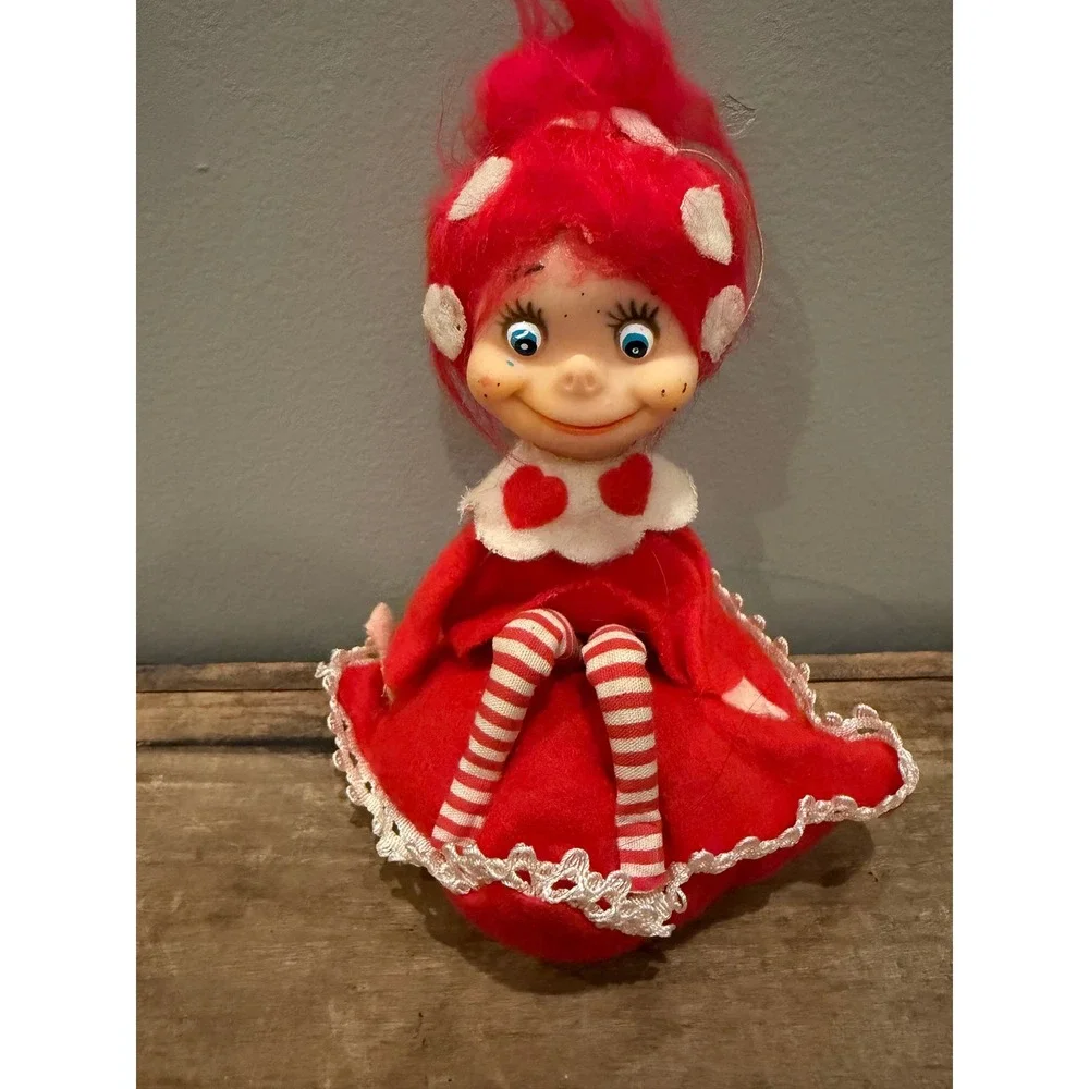 Vintage 60's Red White Felt Pixie Elf Doll Japan Valentine Heart Christmas 6